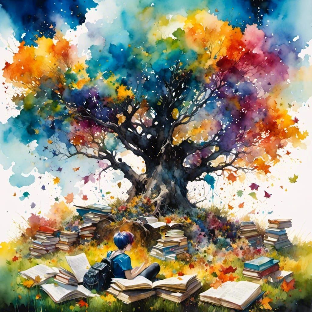 Student Under Tree with Colorful Backpack, Ink Art