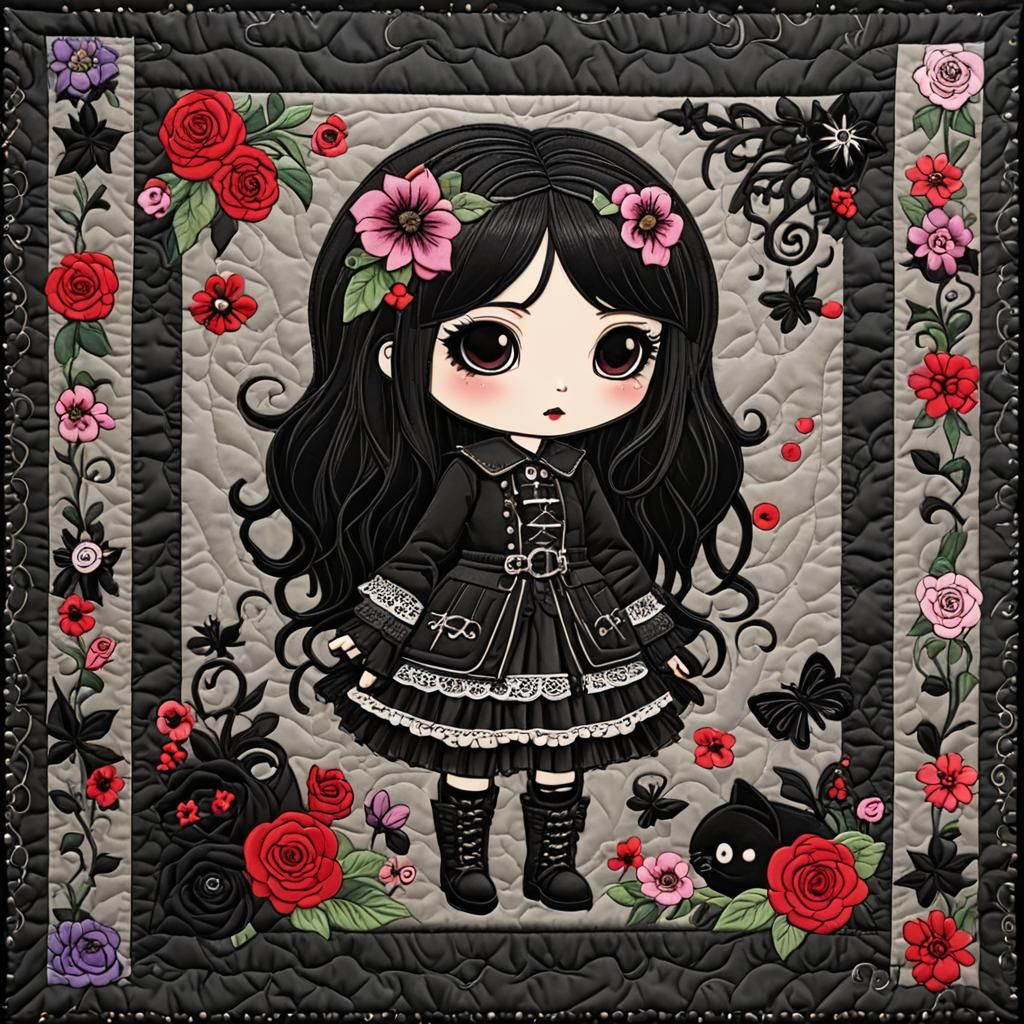 Chibi Goth Girl Appliqué Quilt, Highly Textured