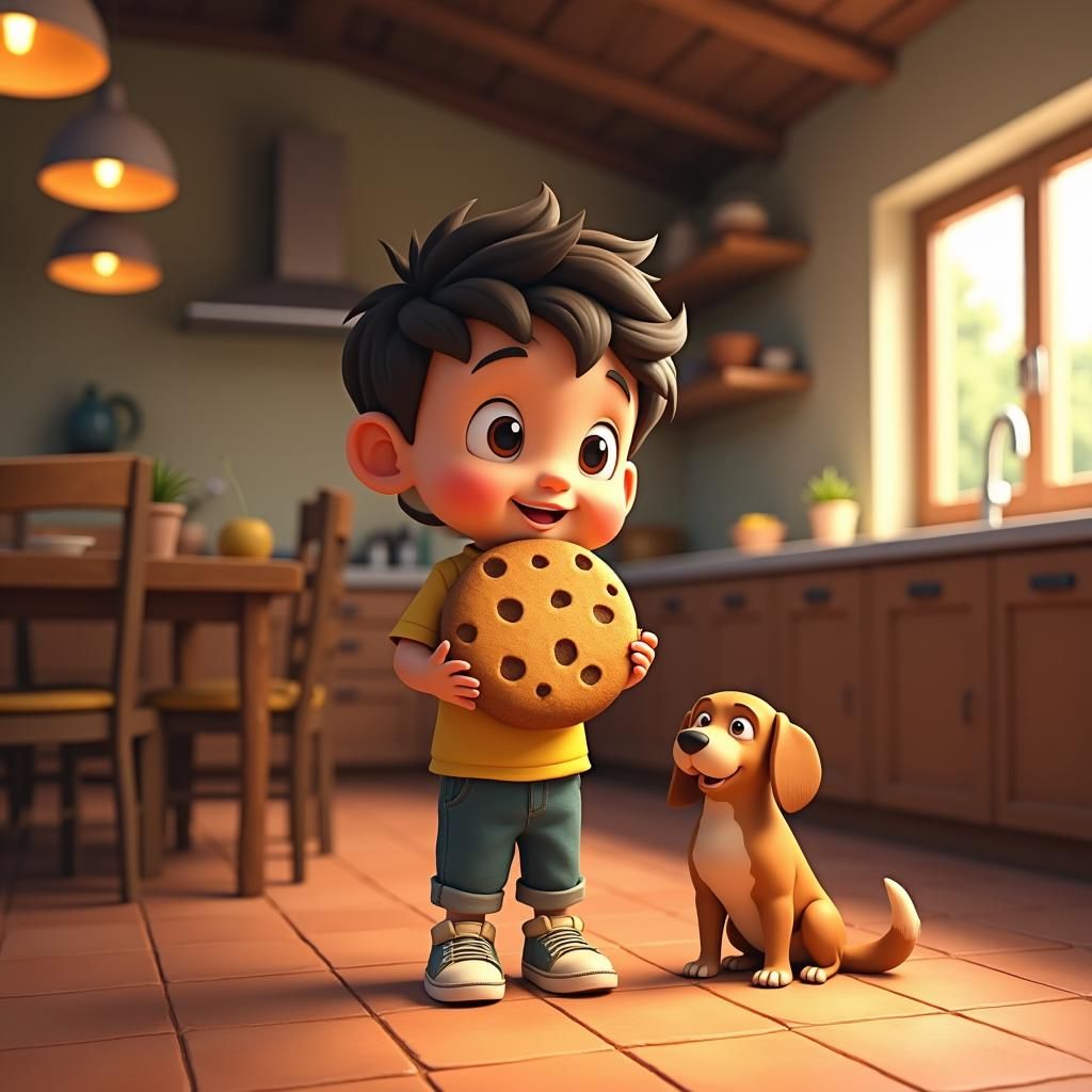 Boy with Cookie in Kitchen, Anime Style Art
