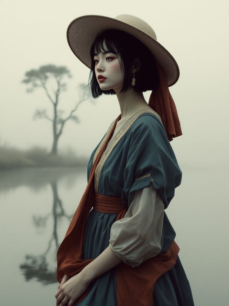 Dreamlike Portrait of Woman by Lake, in Neoclassical Style