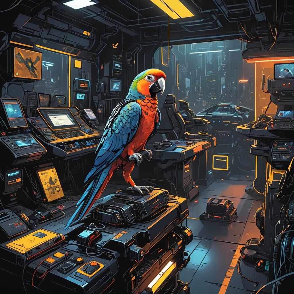 Parrot Overlooking Batmobile in Dark Comic Art Style