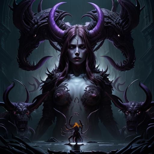 Demon Woman and Hell Hounds in Dark Fantasy Style