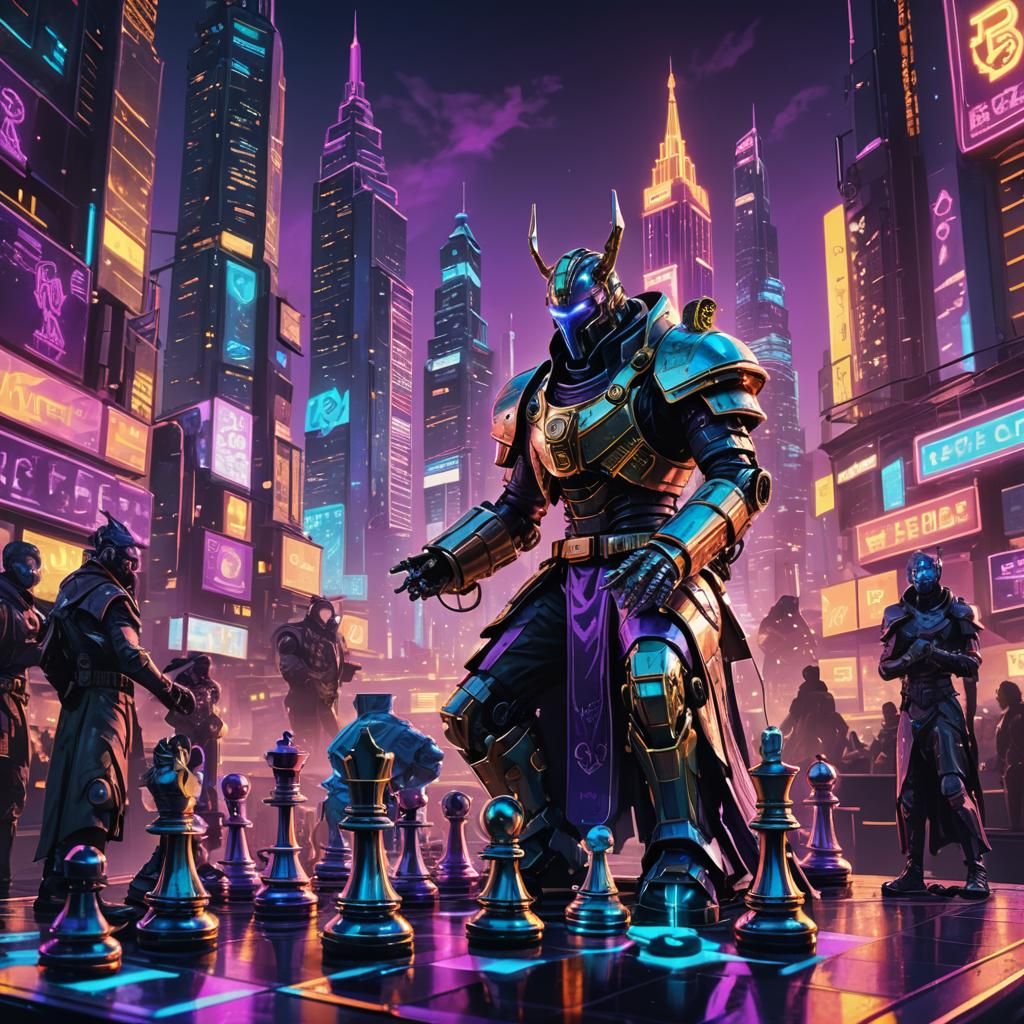Cyberpunk Chess Bishop in Neon Cityscape