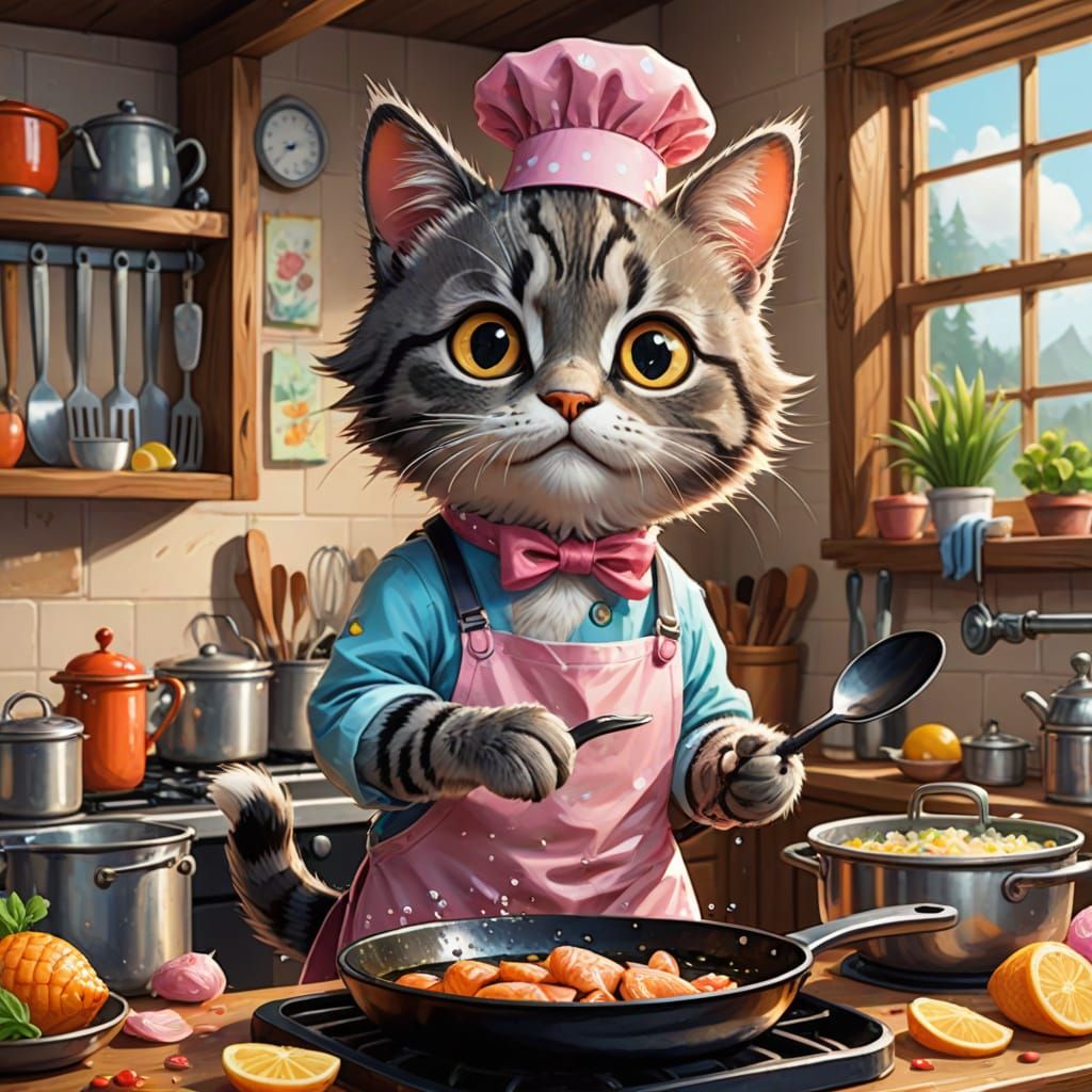 Cute Cartoon Cat Reaches for Fish