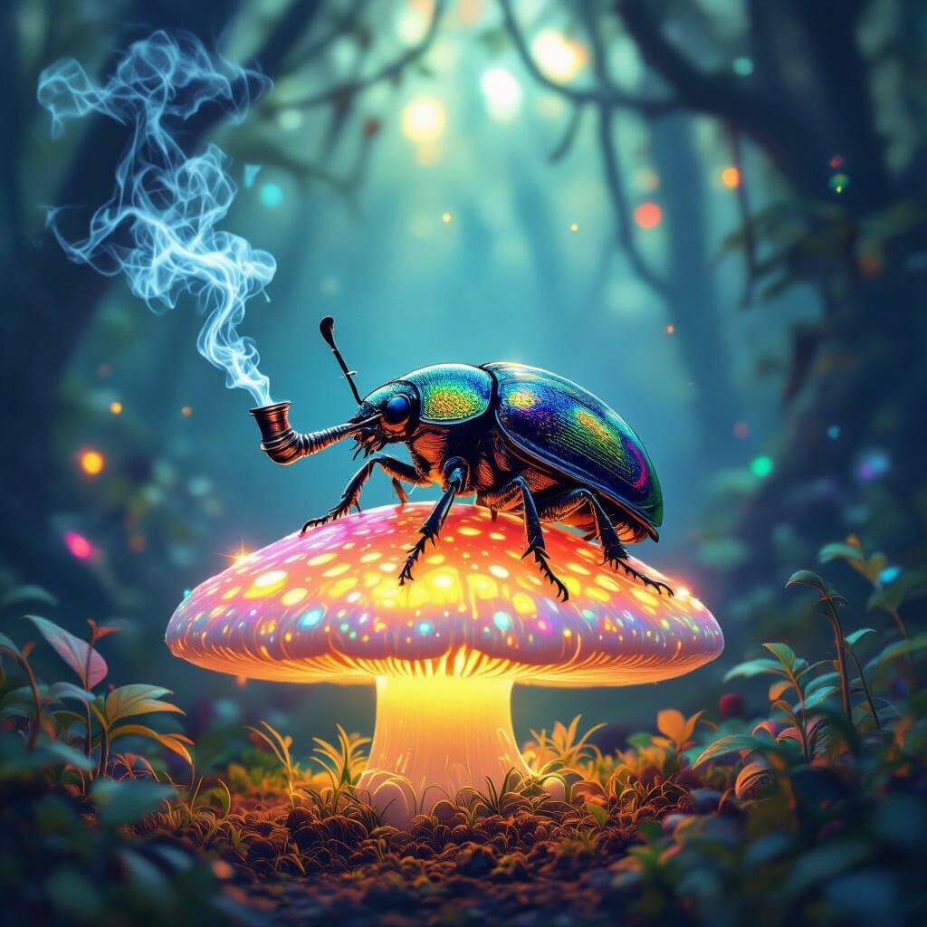 Iridescent Beetle Smoking Hookah in Magical Forest
