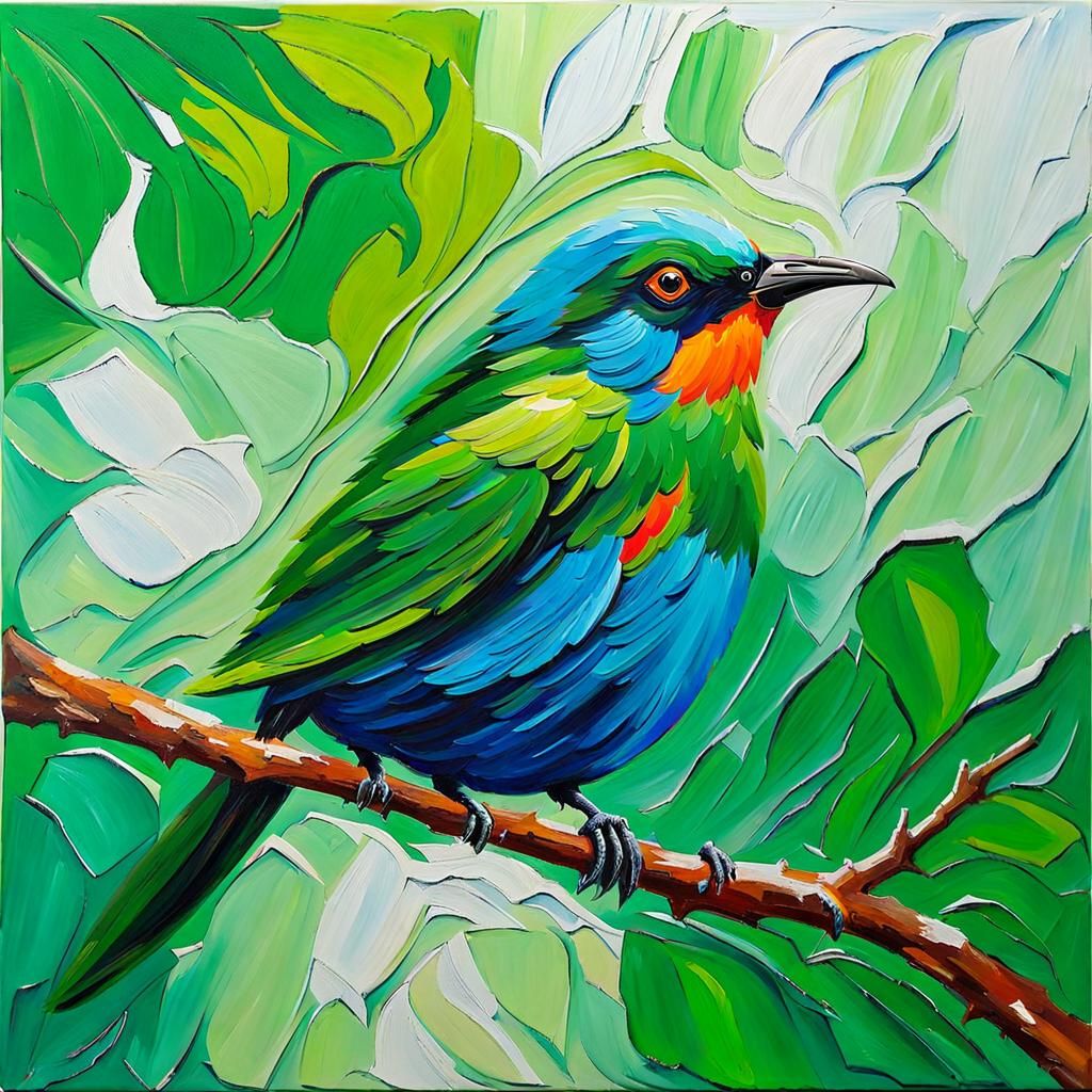 Bright green bird, Oil Painting Impasto gouache Painting, Very Heavy Brush Strokes, Heavy Wet Oil Painting,  Impasto Imp...