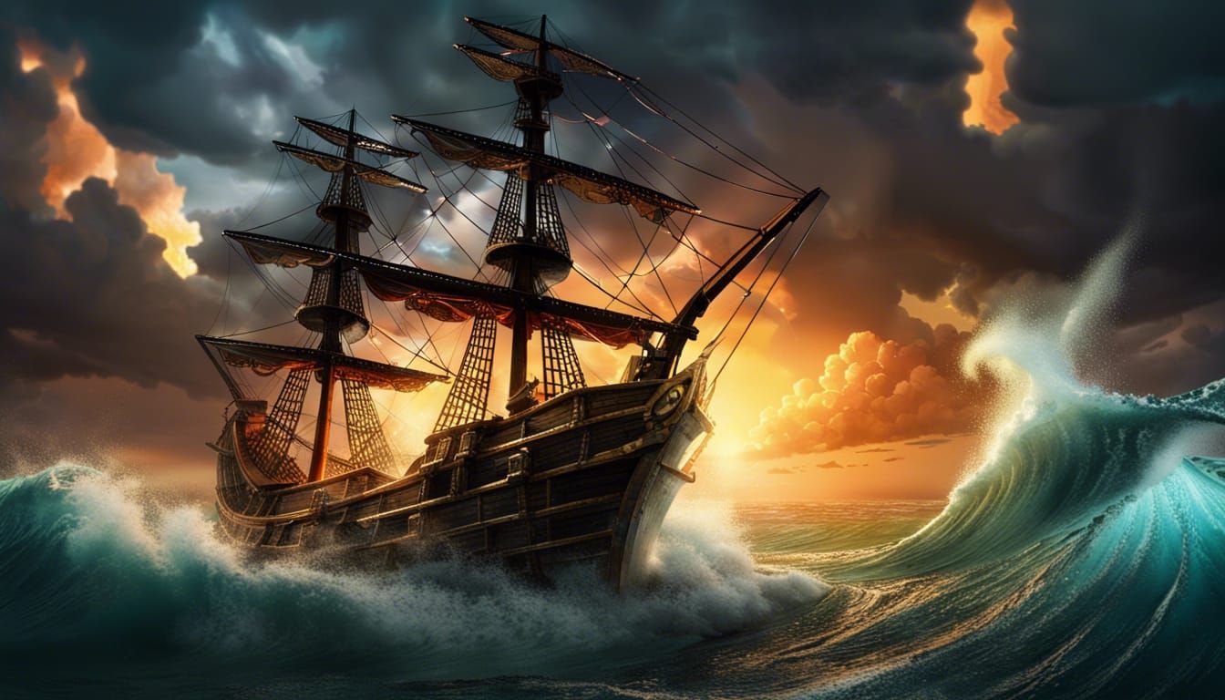 Pirate Ship in Epic Sunset Thunderstorm