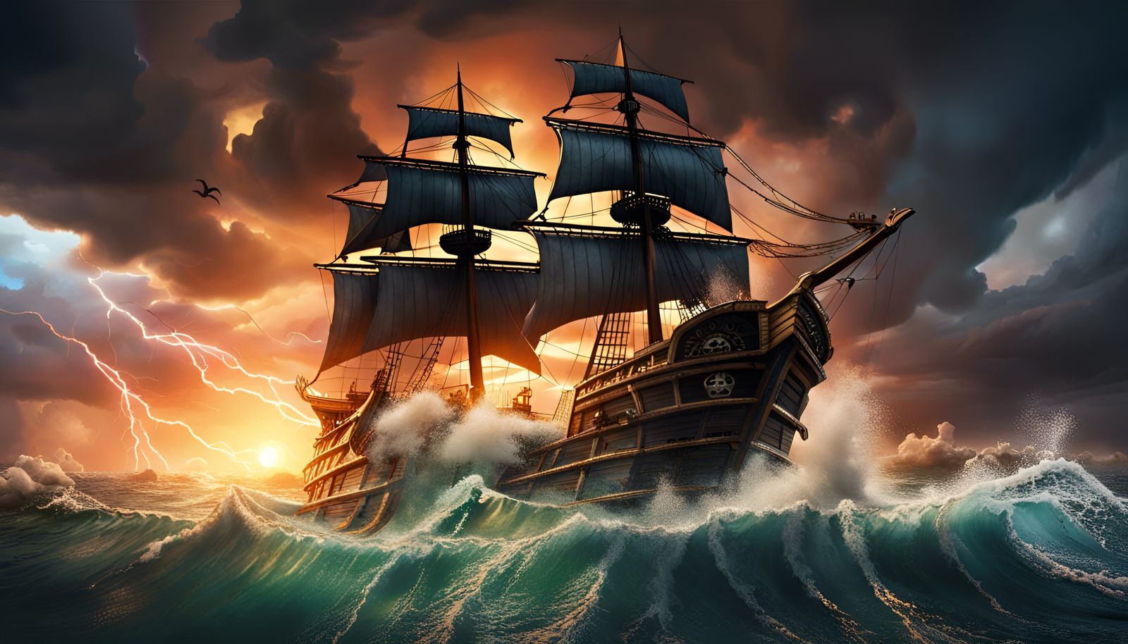Pirate Ship Amidst Lightning Storm, Hyperrealistic Art