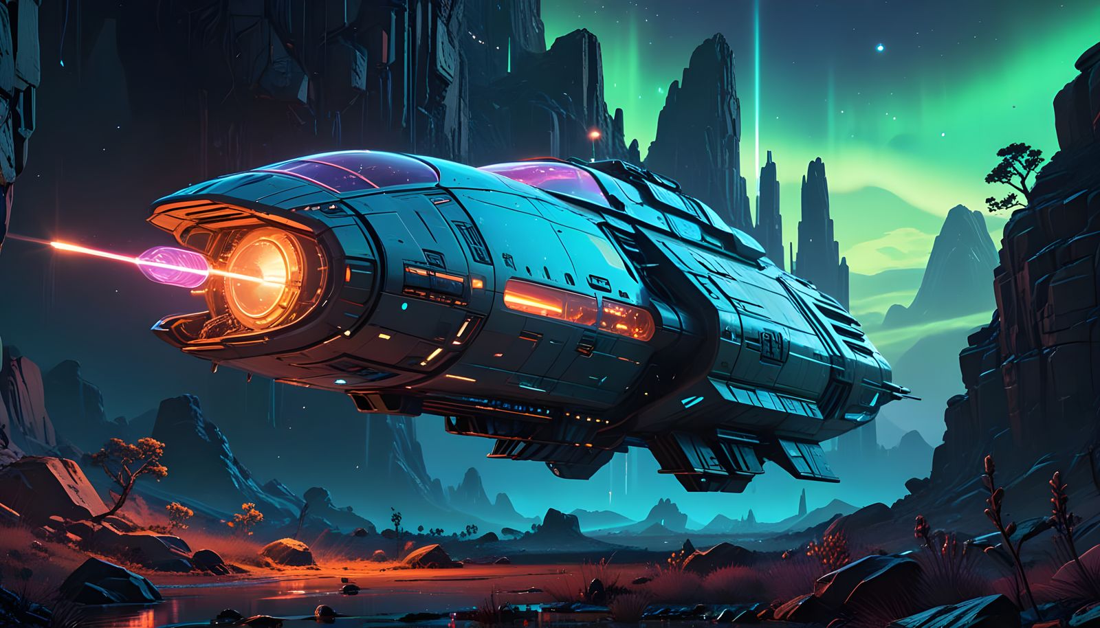 Greeble Spaceship with Bioluminescent Neon Glows