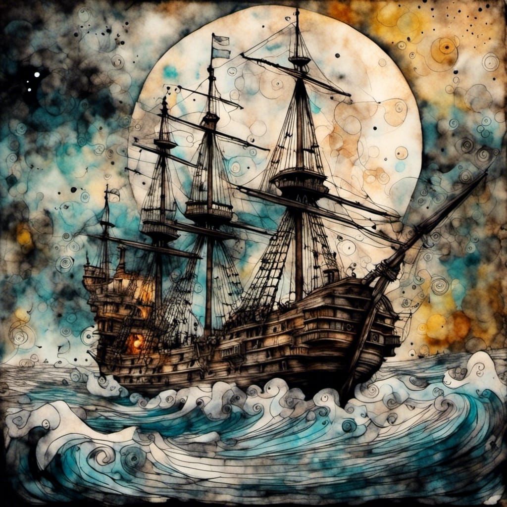 Burning Spanish Galleon at Sea in Mixed Media Style