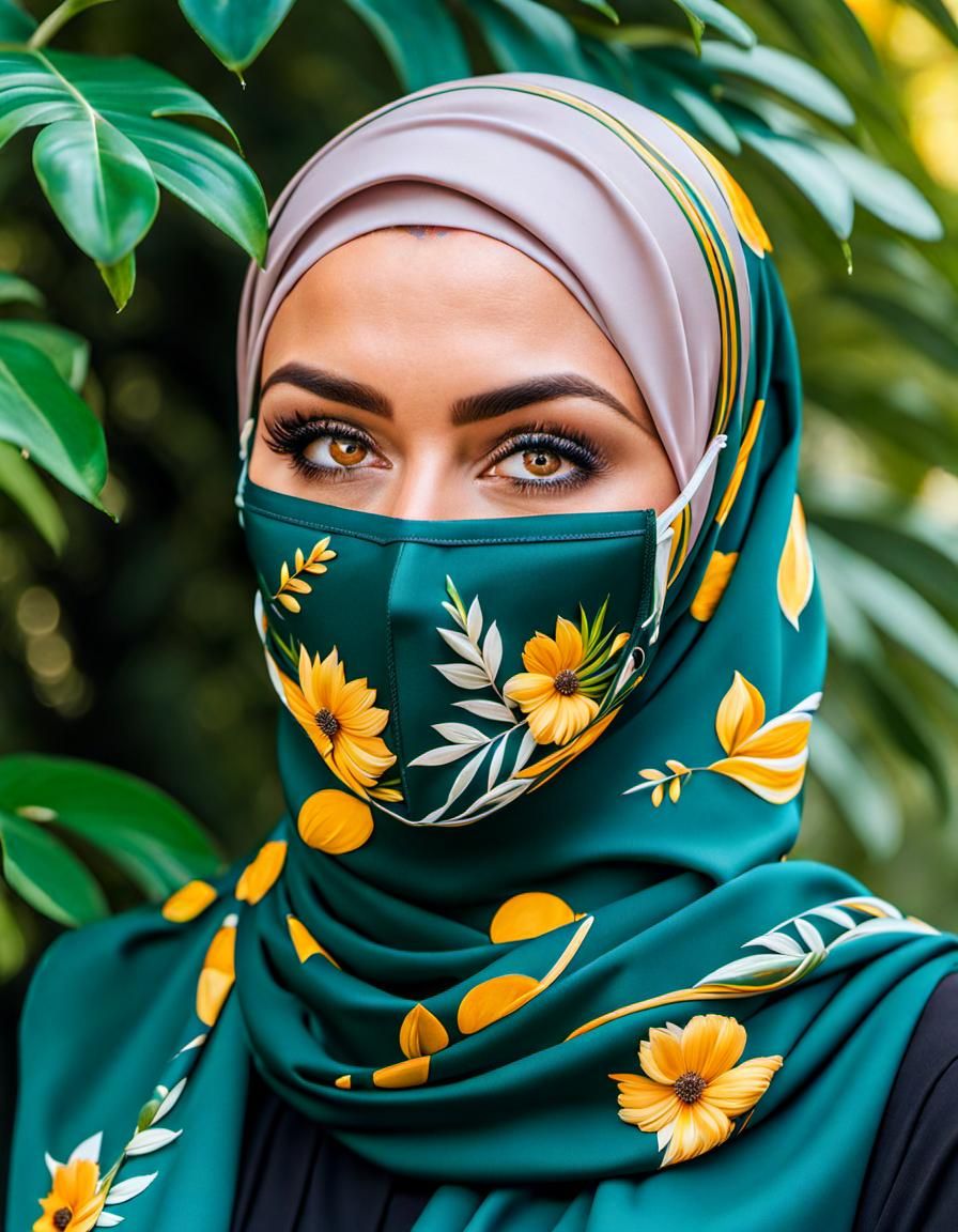 Playful Hijabi Woman with Facemask in Oil Painting