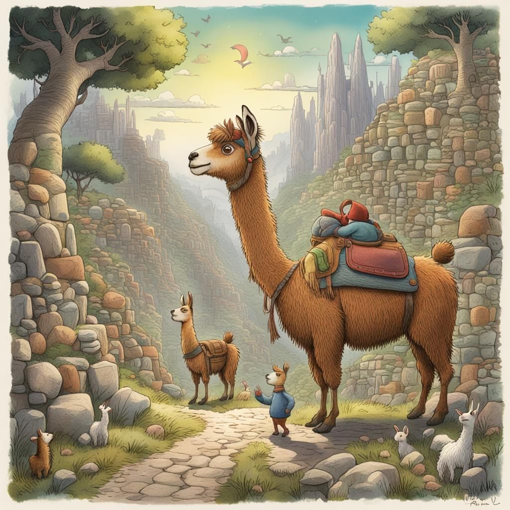 Llama Mama Storybook Illustration in Colored Pencil Style