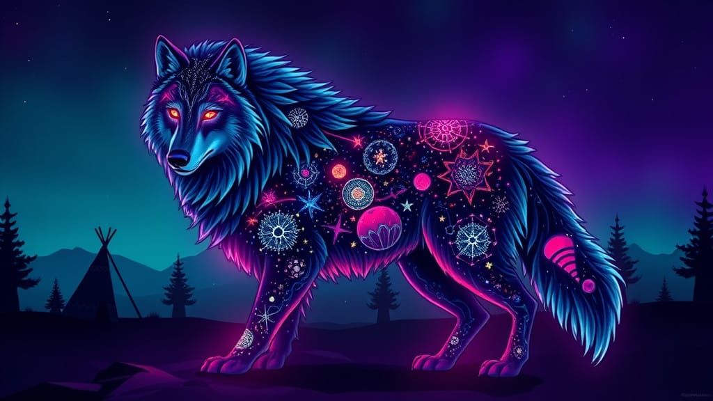 Majestic Celestial Wolf with Cosmic Patterns and Vibrant Col...