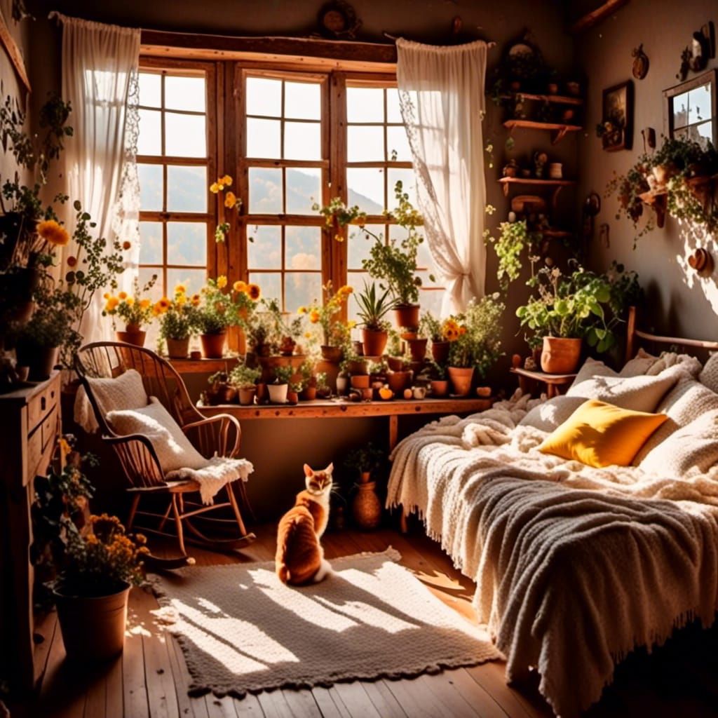 Cozy Rustic Interior with Cat and Plants
