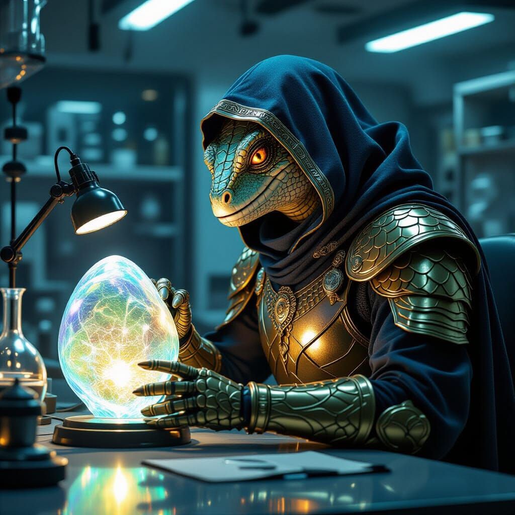 Regal Reptilian Scientist in Ornate Armor