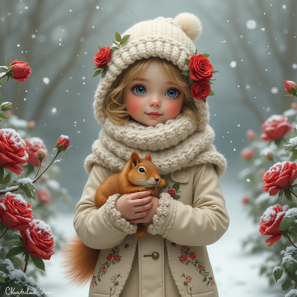Young Girl in Snowy Garden with Squirrel and Roses