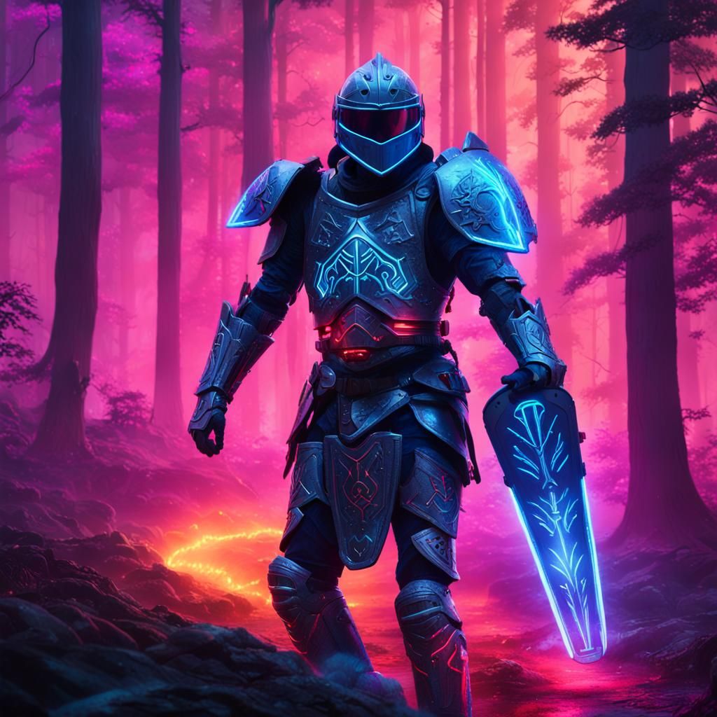 Neon Knight Rides Hoverboard in Misty Forest