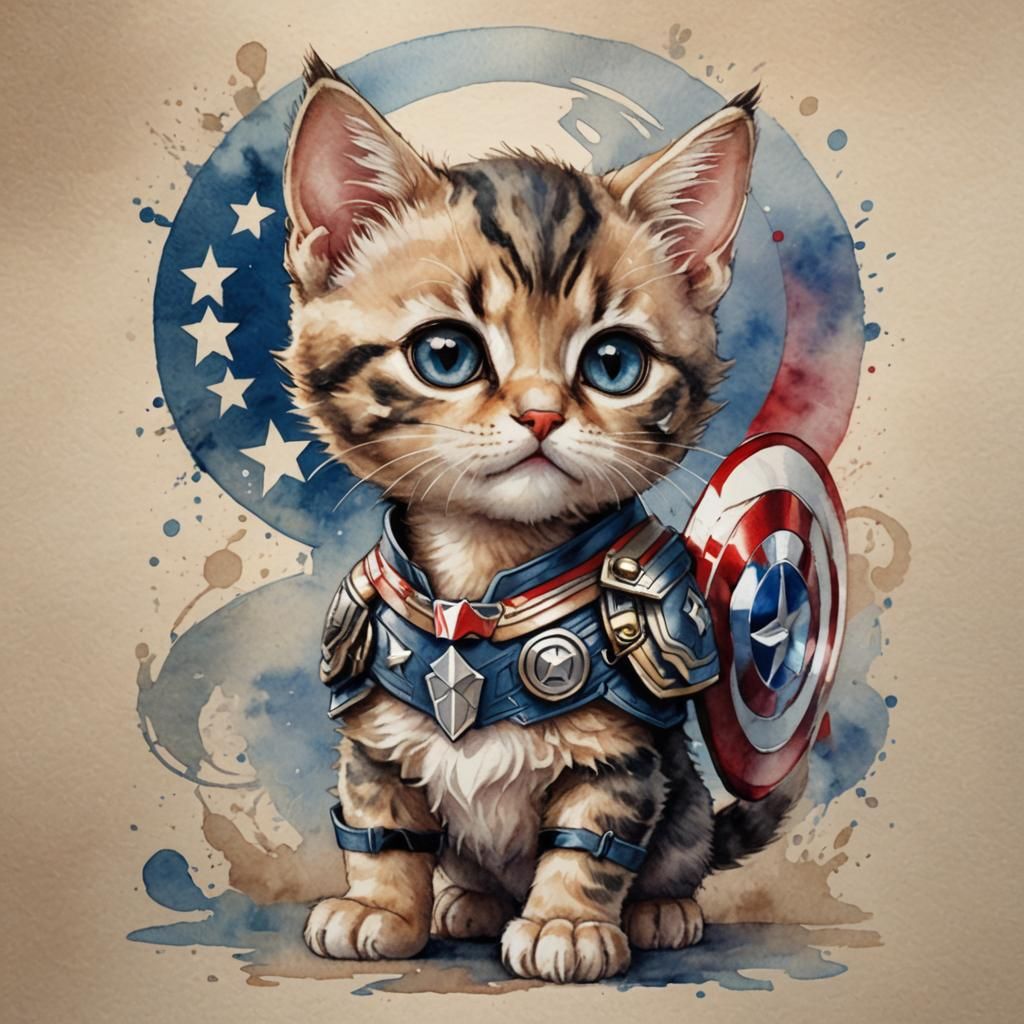 Chibi Kitten as Captain America Watercolor Illustration