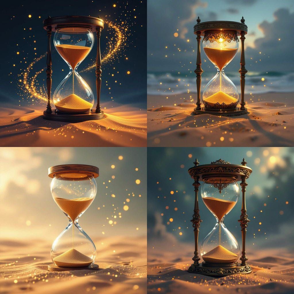 Golden Hourglass Spills Sand, Particles Glow in the Wind