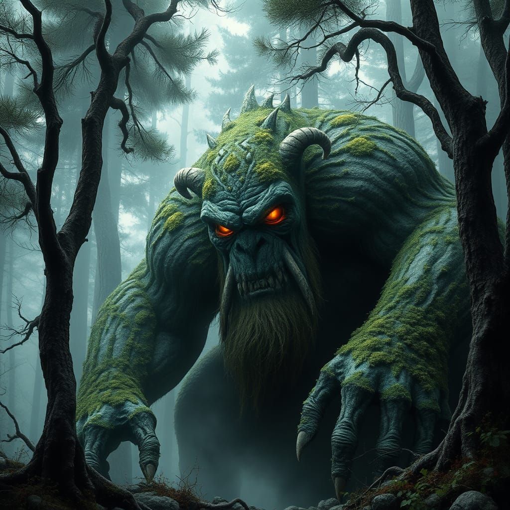 Moss-Covered Troll Lurking in Misty Forest
