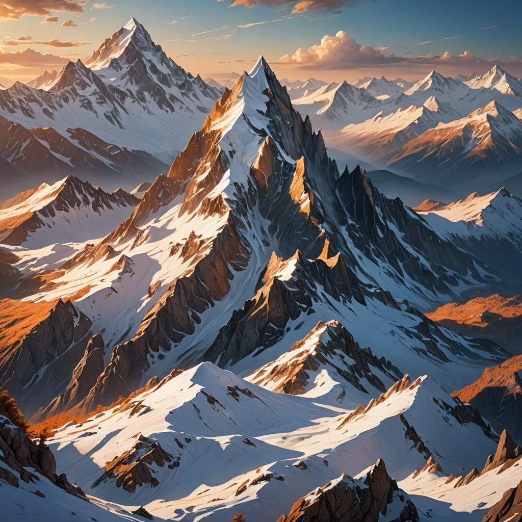 Snowy Mountain Peak at Sunset in Detailed Matte Painting