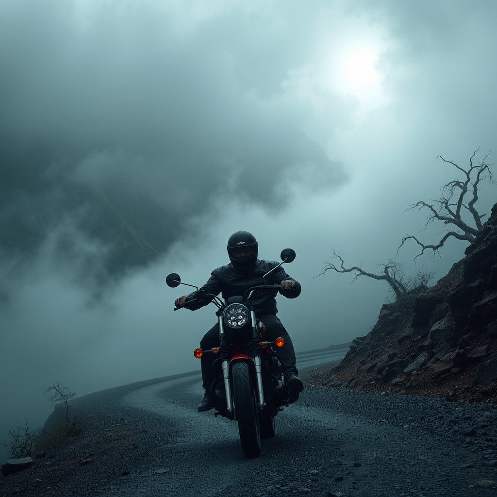 Biker Ascends Mystical Mountain in Dreamlike Landscape