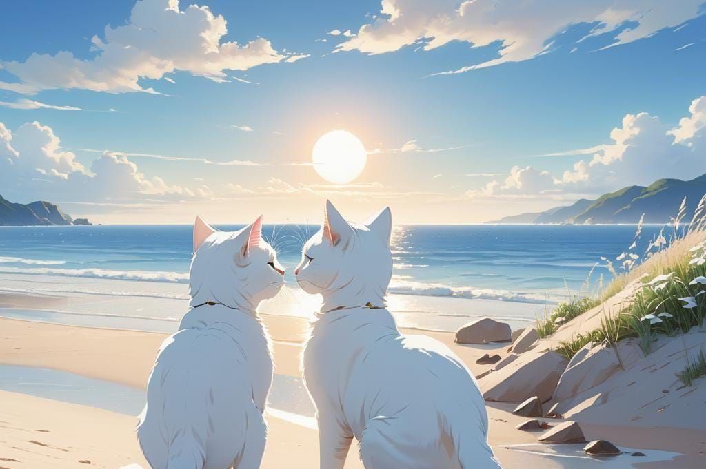Cats Touching Noses on Beach in Ghibli Anime Style