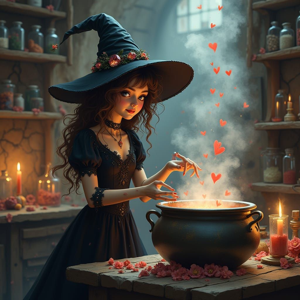 Whimsical Young Witch in Enchanted Study, Mixing Love Potion