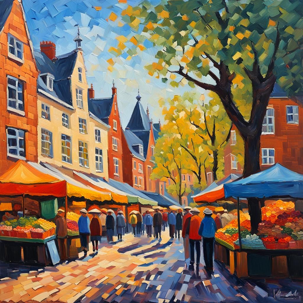 Vibrant Market Scene in Hilversum as Impasto Painting