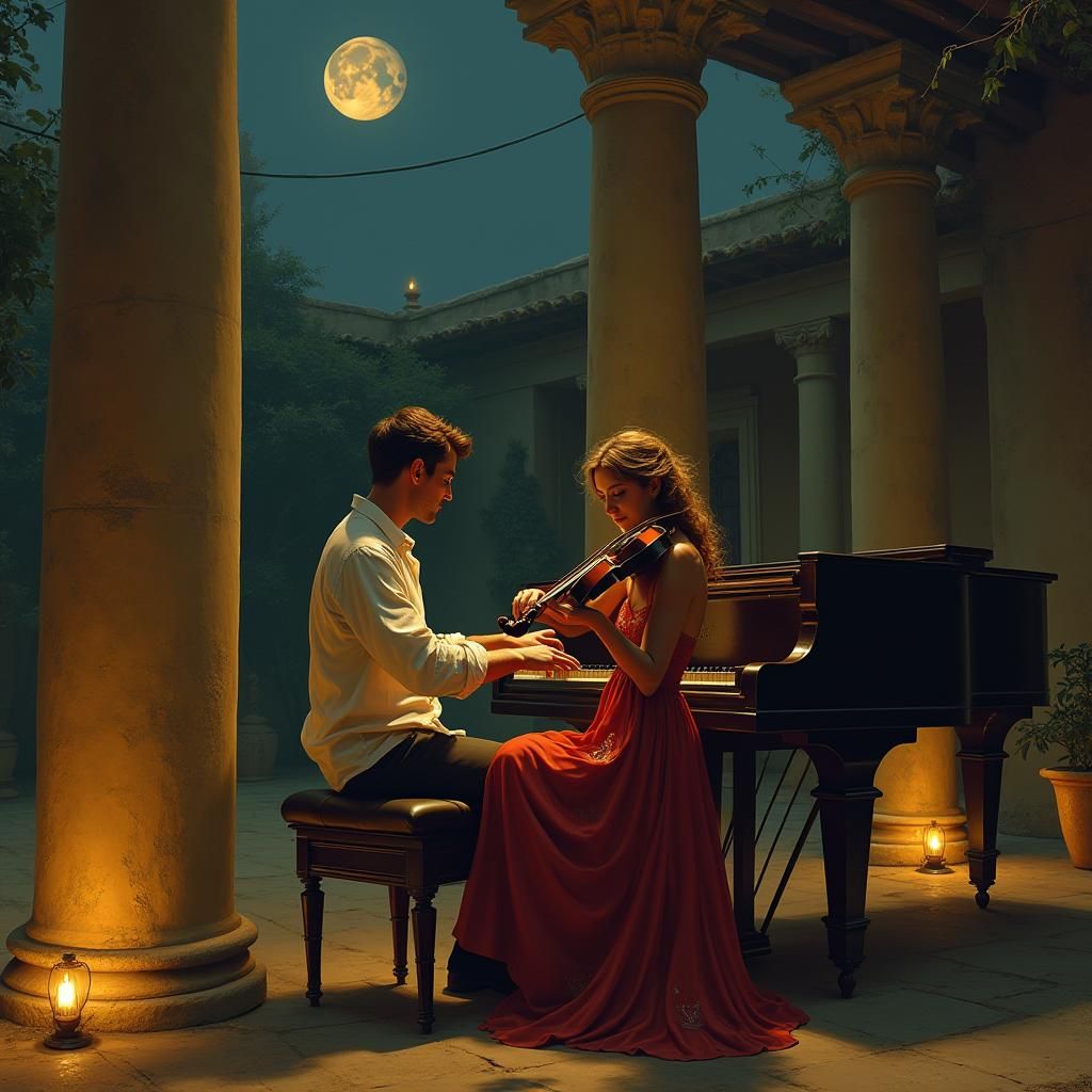 Moonlit Courtyard Serenade as Surreal Digital Art