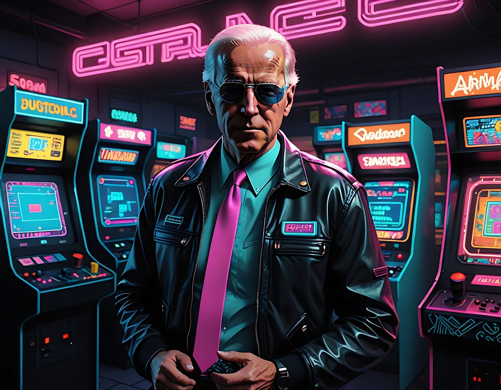 Synthwave Joe Biden as Max Headroom in Retro Arcade