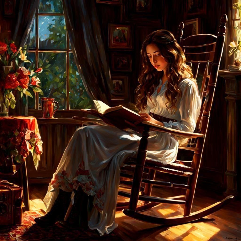 Woman Reading in Rocking Chair: Oil Painting