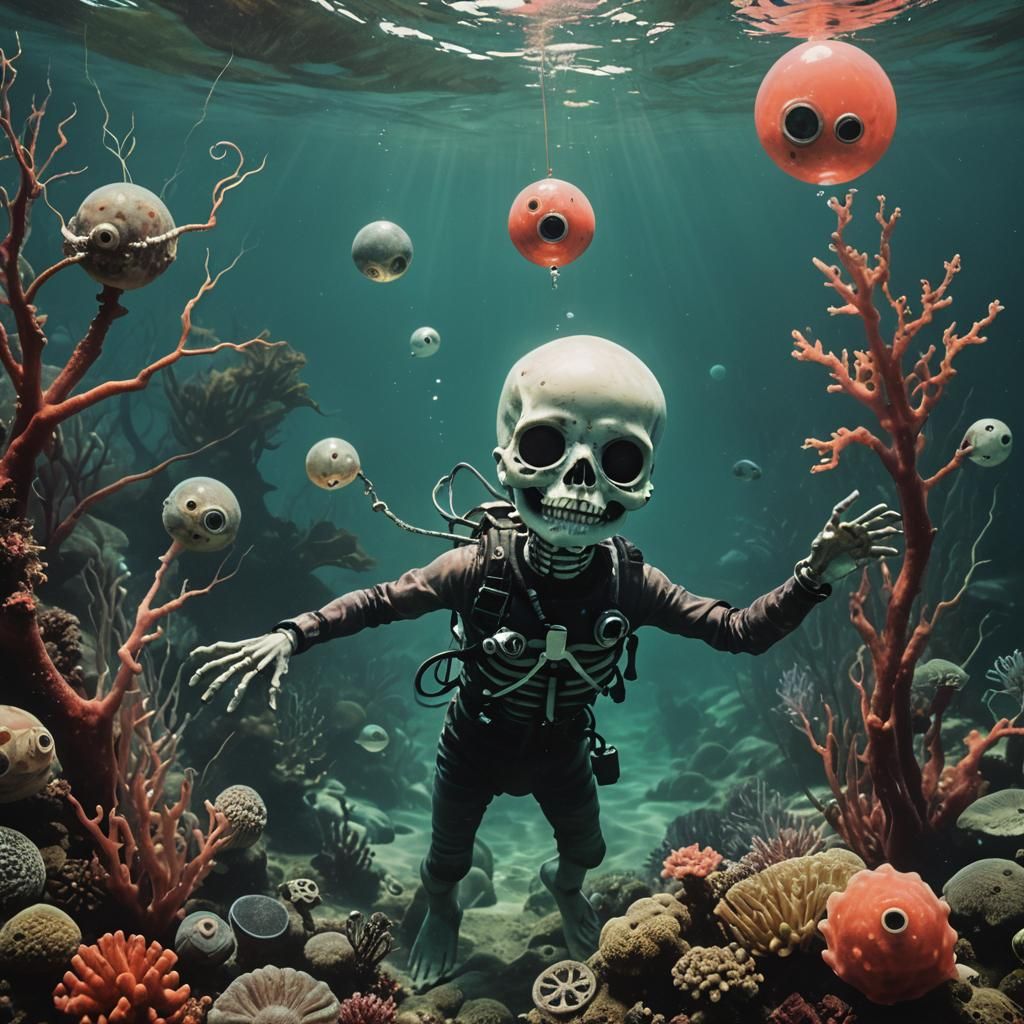 Toddler Skeleton Glitch Art Underwater in Dark Fantasy