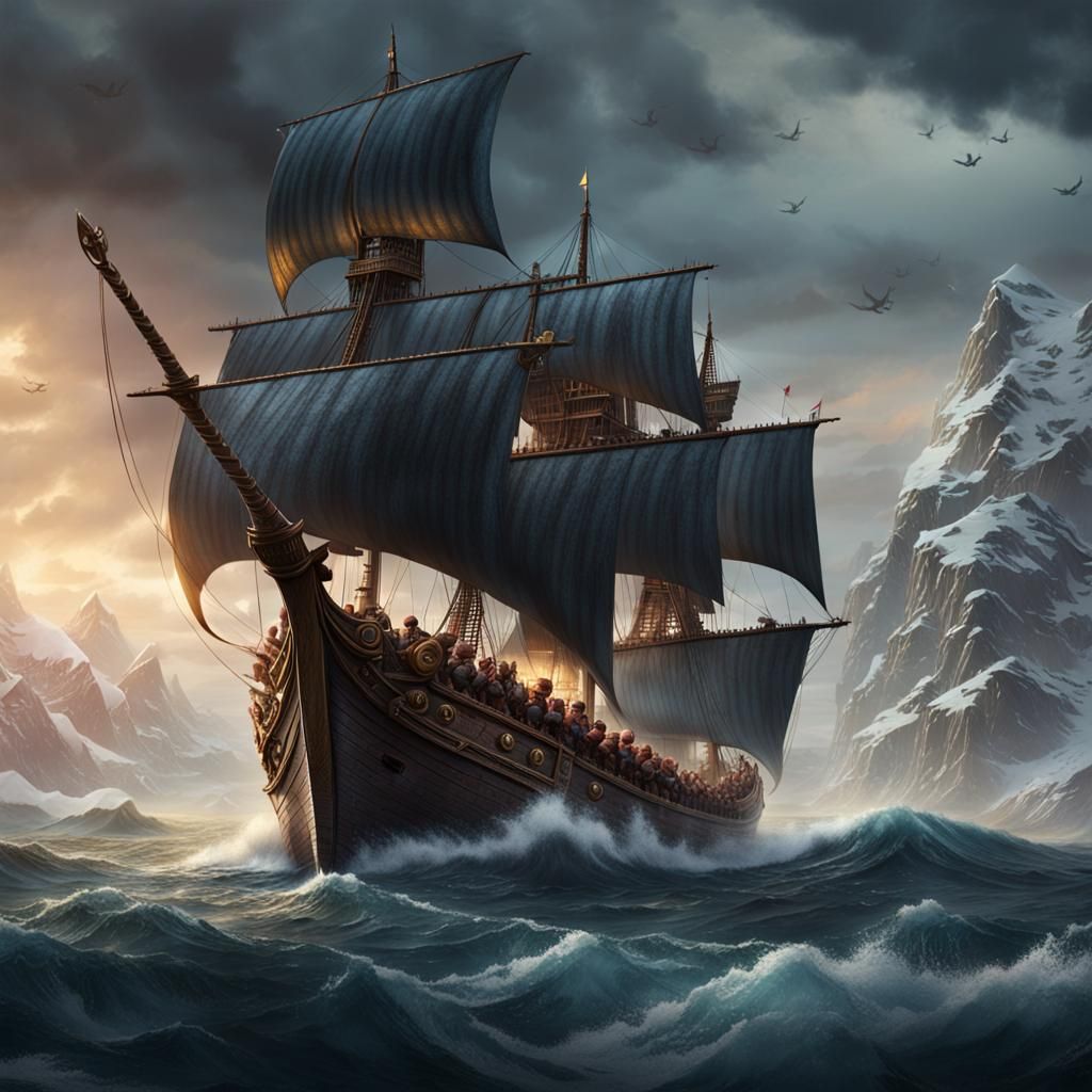 Viking Ship Attacks Frigate: Detailed Fantasy Art