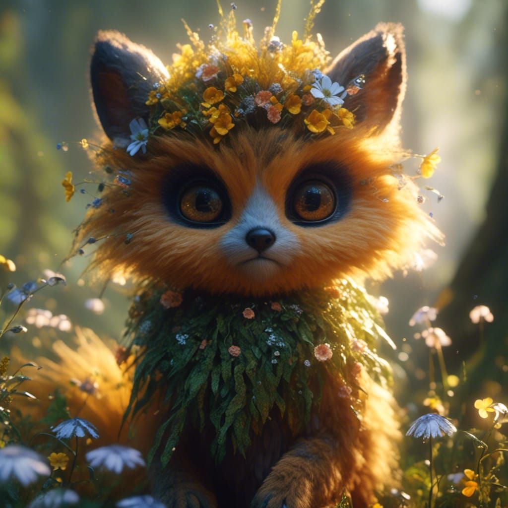 Fluffy Fantasy Creature Portrait in Lush Forest