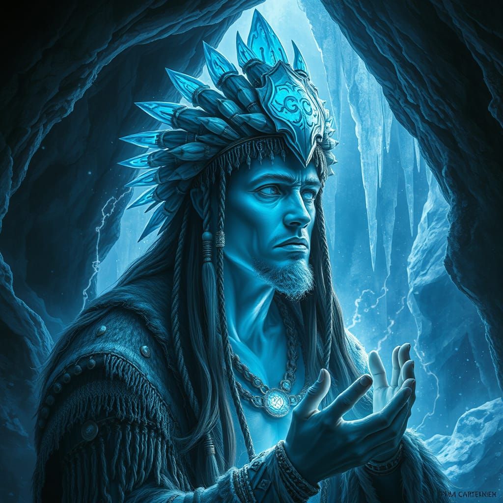 Riekling Shaman Meditating in Bioluminescent Ice Cave