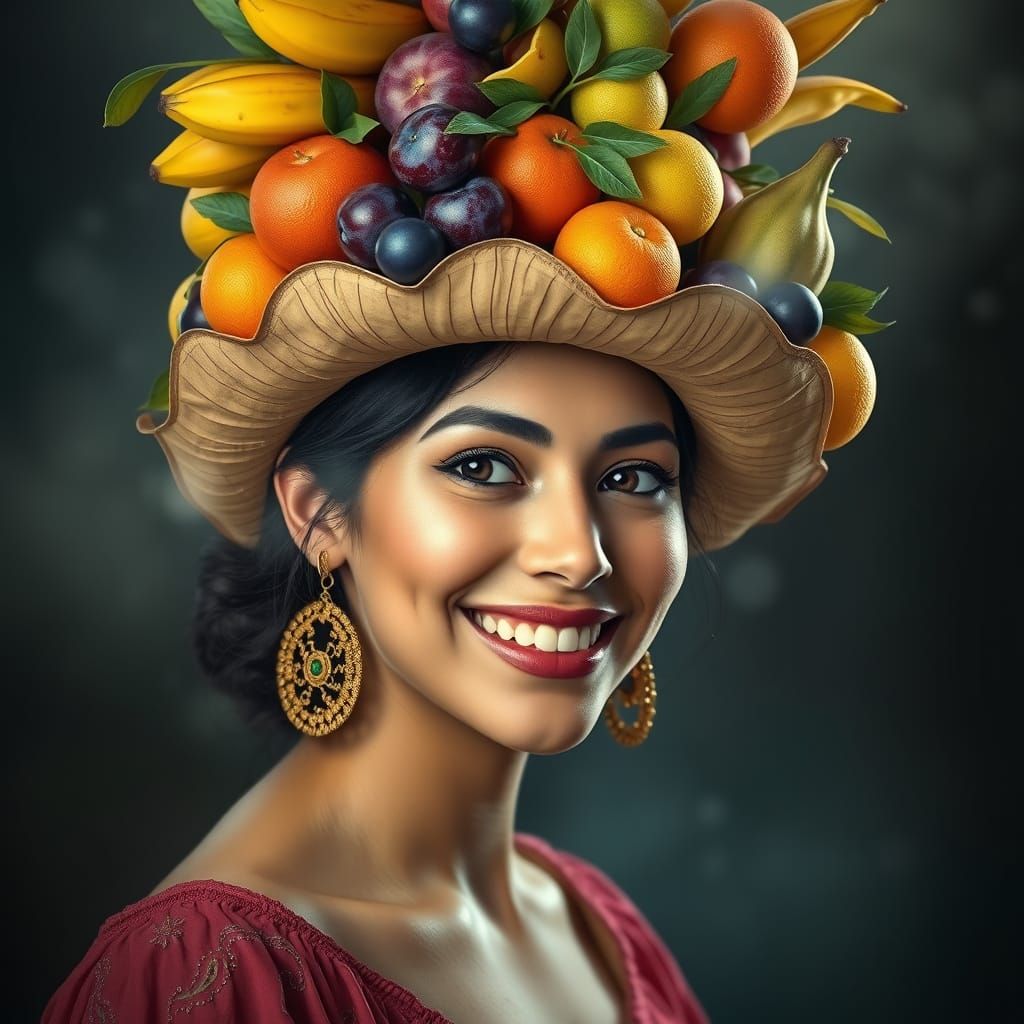 Woman with Fantastical Fruit Hat in Luminous Style