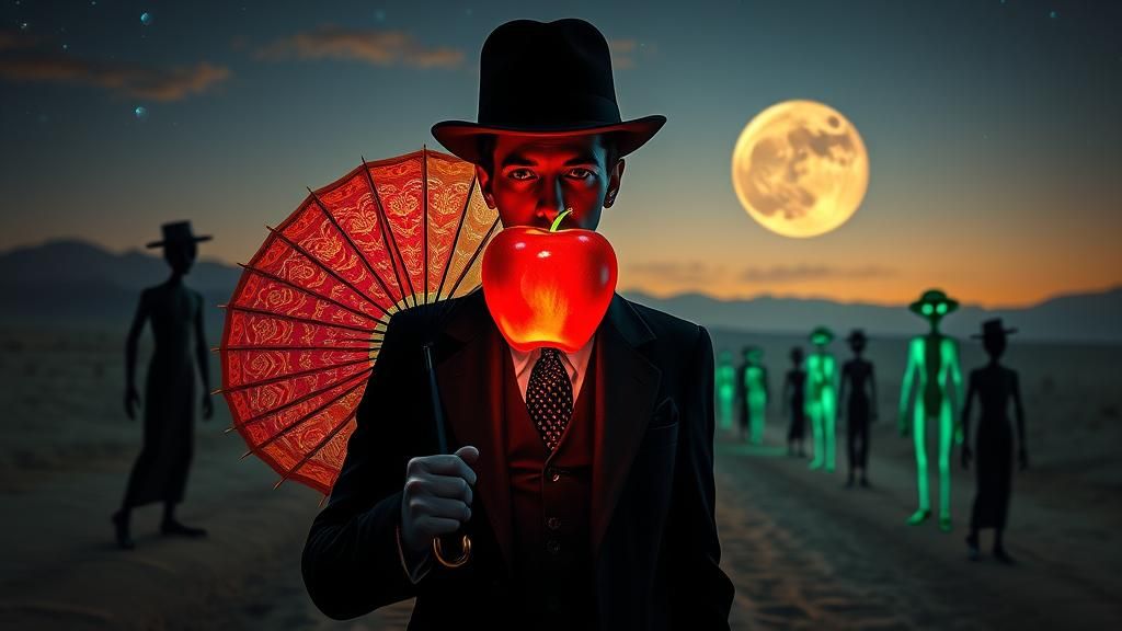 Magritte-Inspired Man in Desert with Glowing Apple
