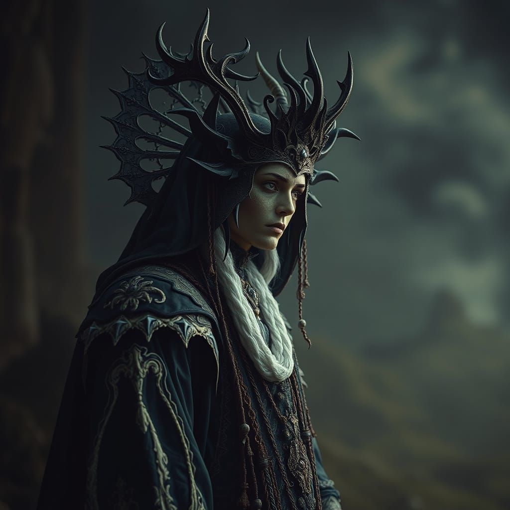 Mystical Figure in Ornate Attire: Hyperrealistic Detail
