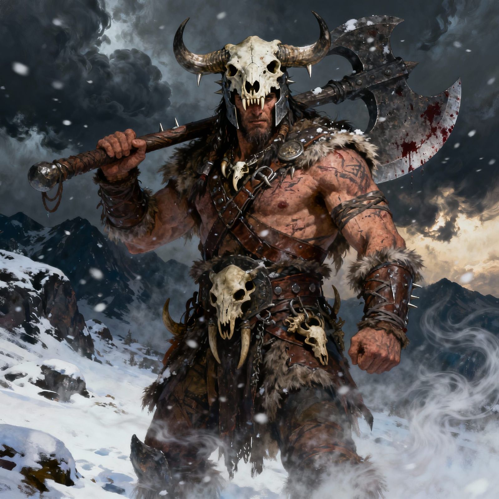 Barbarian Warrior in Snowy Wilderness with Predator Skull He...