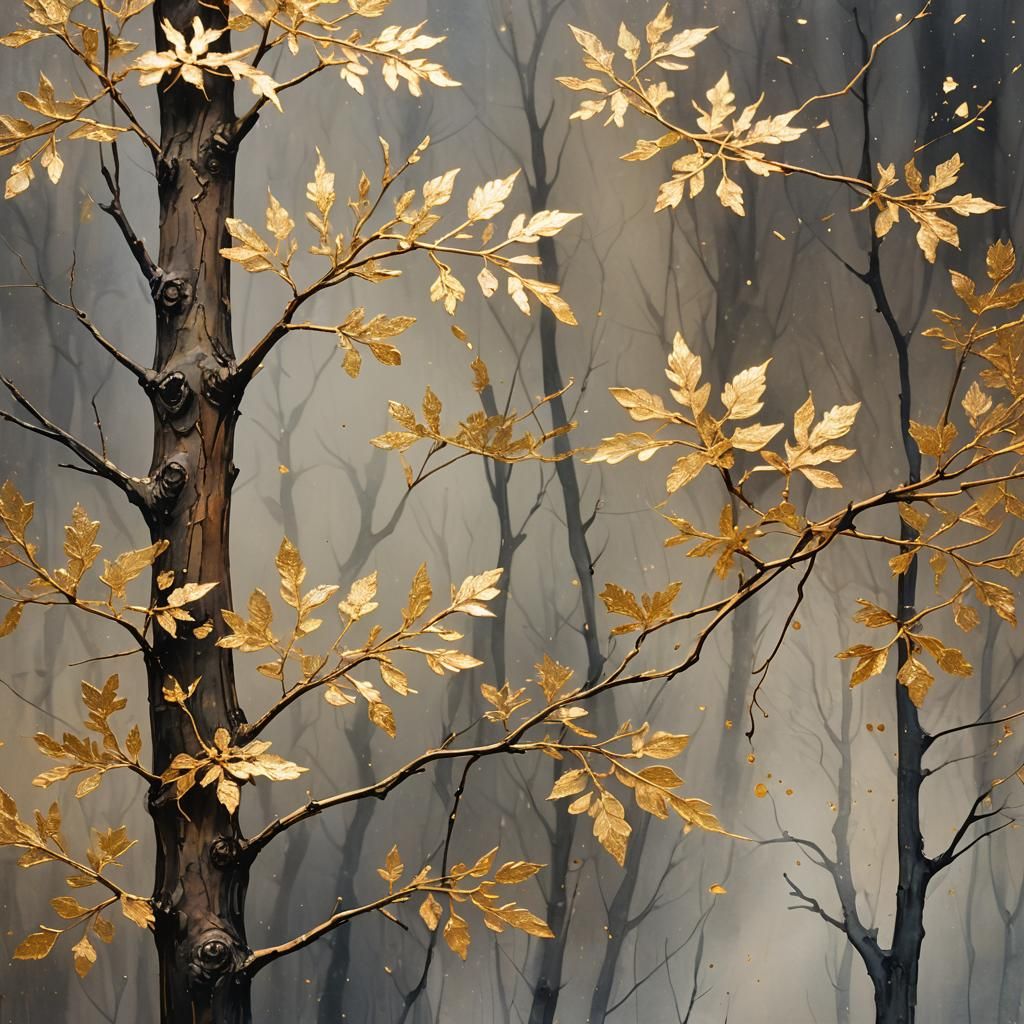 Ethereal Gold Leaf Drifting from Ancient Trees