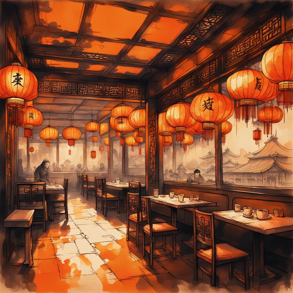Chinese Restaurant in Vintage Ink Painting Style