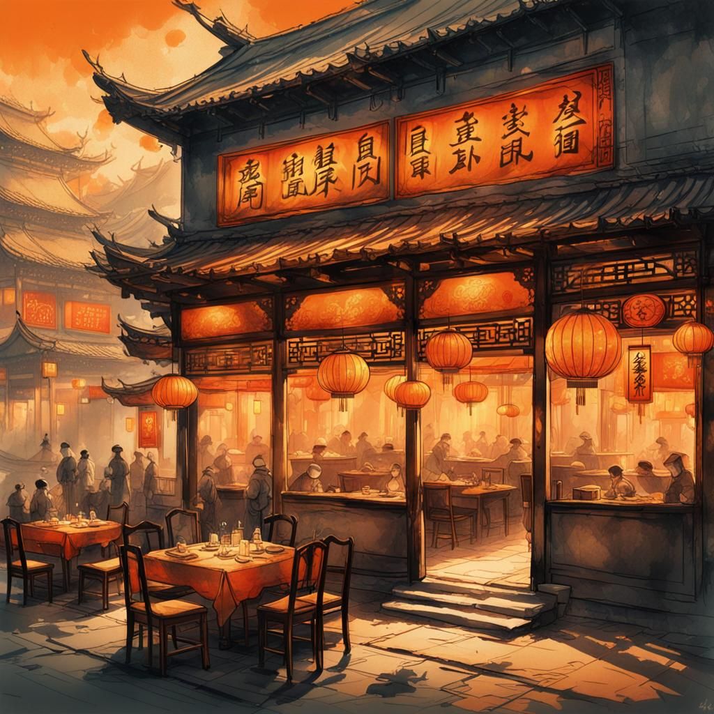 Chinese Restaurant in Ink Painting Style
