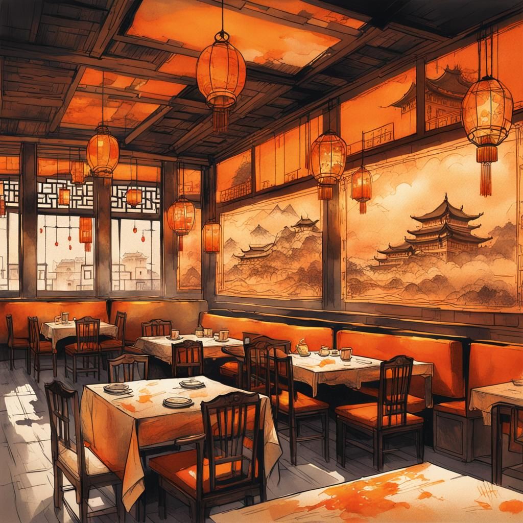 Chinese Restaurant in Modern Ink Painting Style