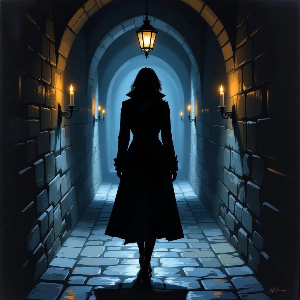 Mysterious Woman Walks Candlelit Corridor in Oil Painting