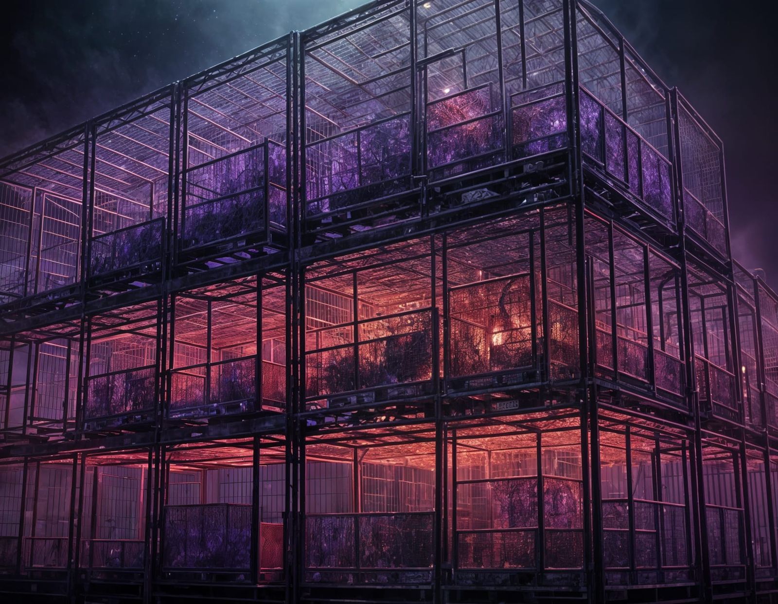 Endless Cages in Backlit Hues of Grey, Red, and Purple