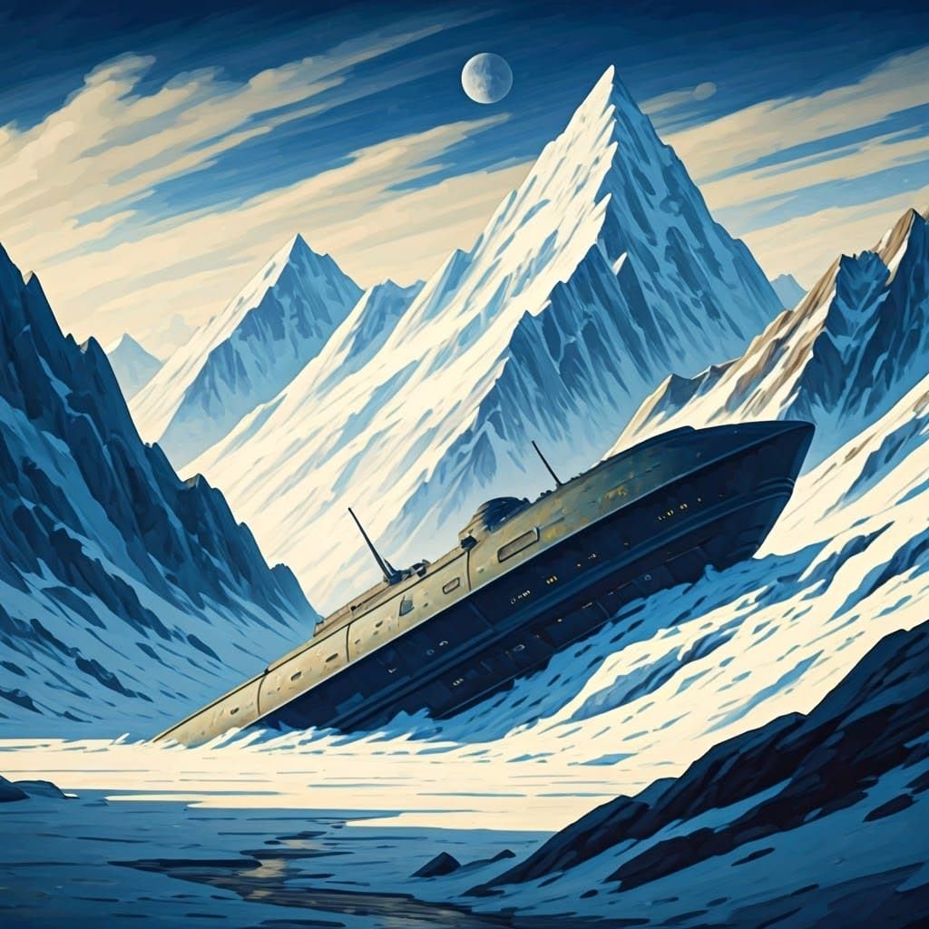 Starship Buried in Frosty Peaks, Watercolor Expressionism