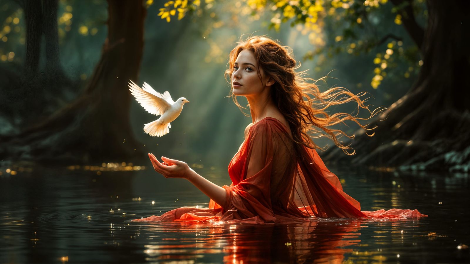 Woman in Eerie Pond Landscape