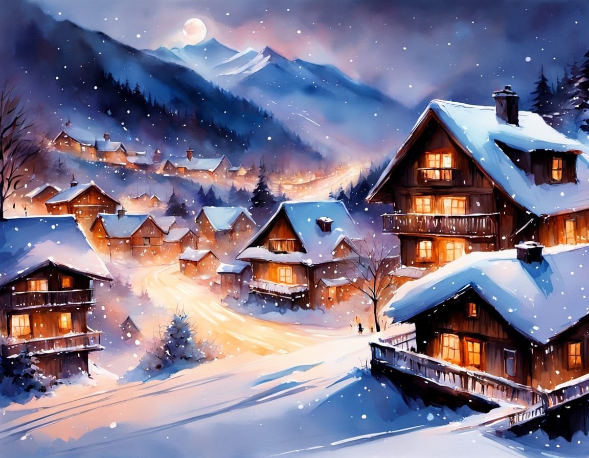 Winter Alpine Village in Ethereal Cinematic Style