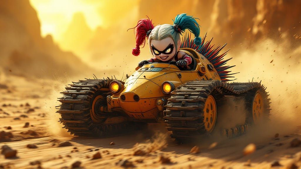 Harley Quinn Races Porcupine Tank in Apocalyptic Wasteland